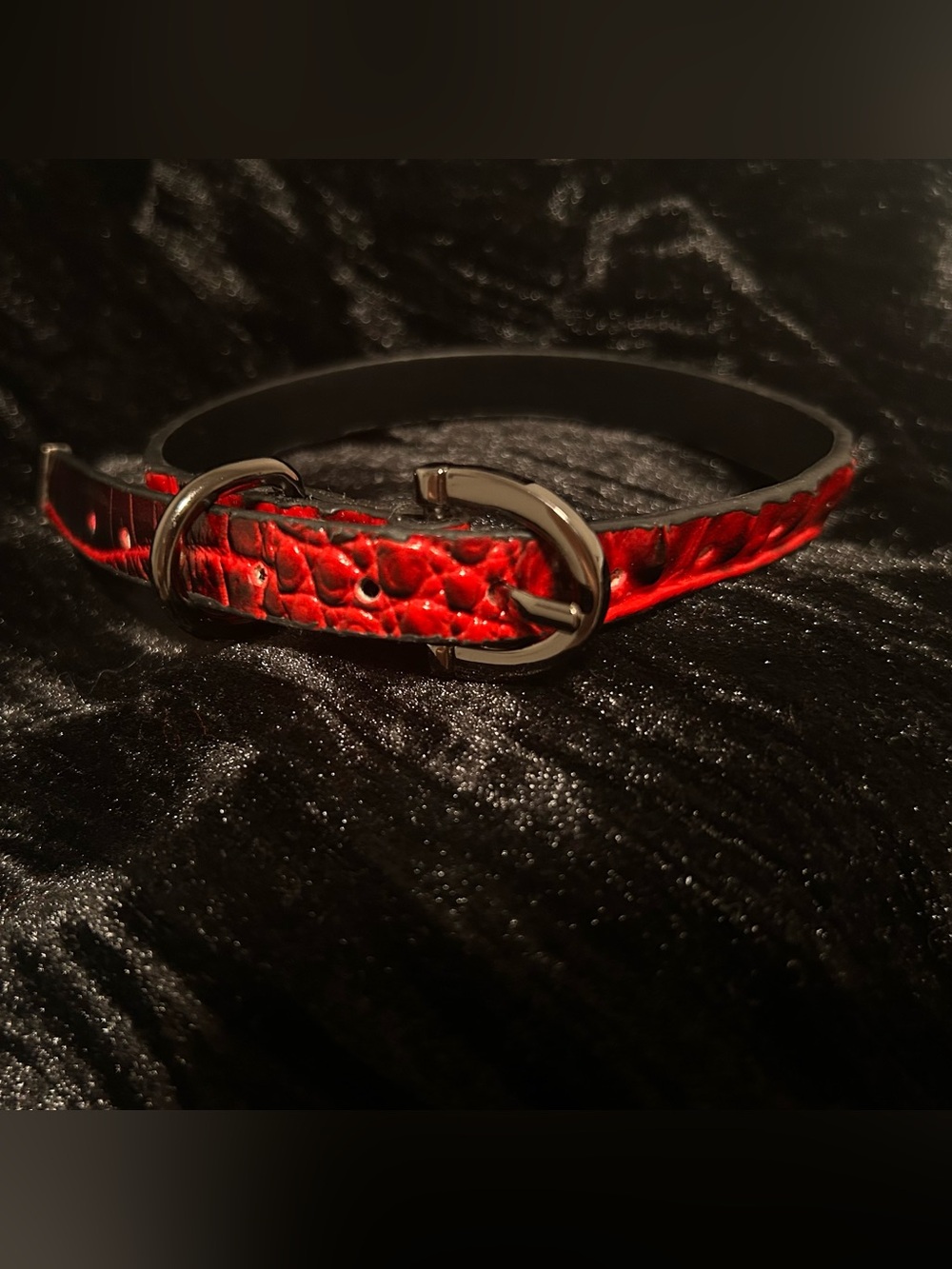 Red Goth Croc-Embossed Leather Choker with dark Silver Buckle